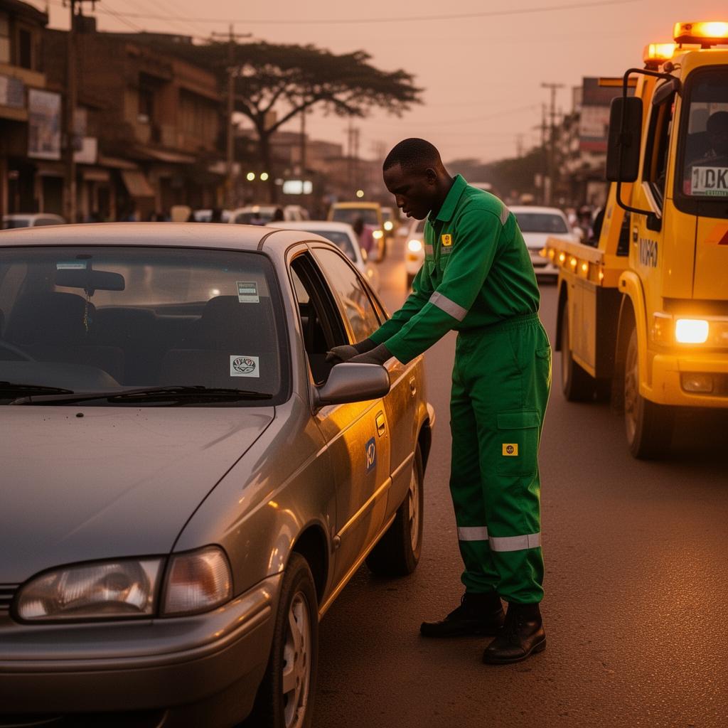 Akimycar roadside technician helping a driver in Nairobi at dusk